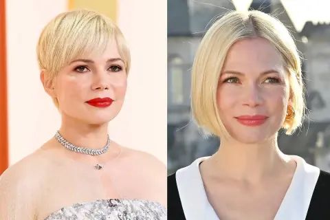Dwie fryzury dla pyzatej twarzy: krótki pixie cut i elegancki bob. Obie podkreślają rysy aktorki.