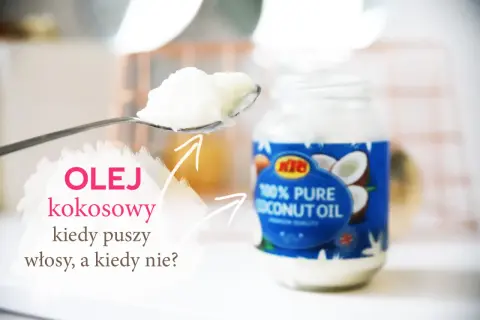 Olej kokosowy na łyżce i w słoiku. Czy ten naturalny kosmetyk sprawdzi się na puszące się włosy?
