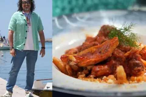 Chef Antonino Cannavacciuolo in Lampedusa, pronto per assaggiare i piatti di 4 ristoranti. Pasta al sugo di pesce in primo piano.