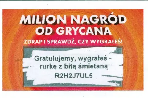 Zdrapka z napisem "Milion nagród od Grycana", gratulacją i kodem.