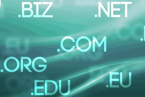 Dominios .com, .org, .net, .biz, .edu y .eu flotando en un fondo verde azulado. Ideal para vender un dominio.
