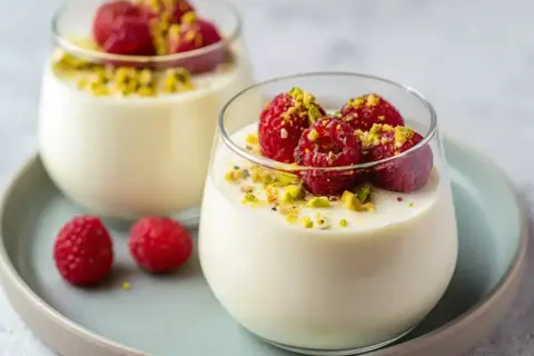 Två glas med len pannacotta vit choklad, toppade med hallon och pistagenötter. En dröm för smaklökarna!
