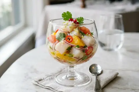 Un délicieux ceviche de Saint-Jacques, plein de saveurs d'agrumes et de piment, prêt à être dégusté. Une recette ceviche parfaite pour l'été.