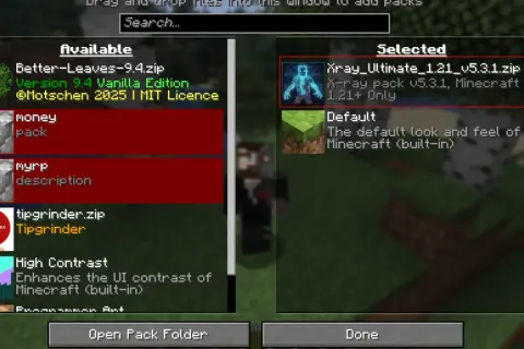 Jak pobrać texture pack do Minecraft: Xray Ultimate wybrany do instalacji. Dostępne inne pakiety.