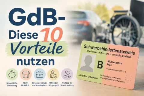 Schwerbehindertenausweis mit 10 Vorteilen: Steuerliche Entlastung, Mobilität, Arbeitsplatzschutz, Bürgergeld, Rente & Alltag.