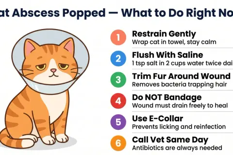 Illustration of an orange cat wearing an e-collar, with steps on how to care for a cat abscess.