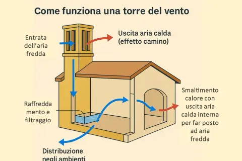 Schema di una torre del vento che illustra la ventilazione naturale: l'aria fredda entra, viene raffreddata e filtrata, distribuita negli ambienti e l'aria calda esce.