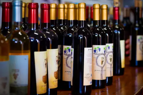 Rząd butelek wina, w tym wino regionalne, z etykietami w języku hebrajskim i grafiką winogron.