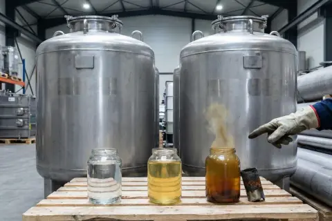 Duże zbiorniki ze stali nierdzewnej, prawdopodobnie do przechowywania substancji chemicznych, obok słoików z płynami i kawałka metalu. Stal 316l jest odporna na korozję.