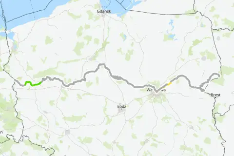 Mapa trasy rowerowej EuroVelo 11 przez Polskę, z zaznaczonymi miastami jak Gdańsk, Warszawa i Brześć.