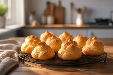 Petits choux dorés sur une grille, prêts à être garnir. Parfait pour une recette pâte à choux réussie.