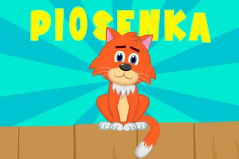 Pomarańczowy kotek siedzi na płotku, a nad nim wielki napis "PIOSENKA".