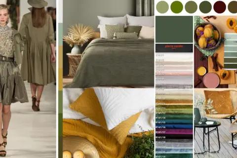 Zieleń khaki w modzie i wnętrzach: od wybiegu po sypialnię, inspiracje kolorystyczne.
