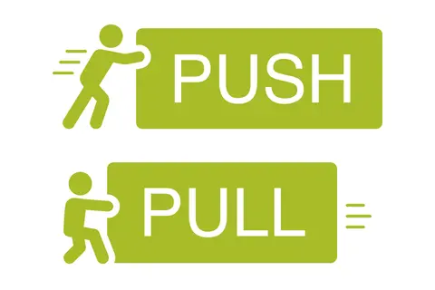 Zielona ikona z sylwetką człowieka pchającego (PUSH) i ciągnącego (PULL).