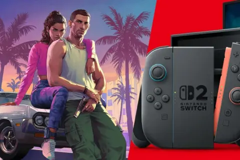 Ein Paar vor Palmen und ein Nintendo Switch 2 Controller. Träumst du von GTA 6 auf der Switch 2?