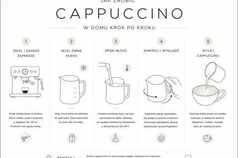Instrukcja krok po kroku, jak zrobić idealne cappuccino: zaparz espresso, spień mleko, połącz je delikatnie, a na koniec wylej, tworząc latte art.