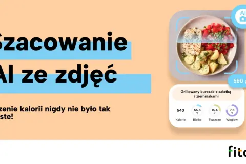 AI analizuje posiłek, pokazując jak liczyć kalorie. Grillowany kurczak z ziemniakami i sałatką, 540 kcal.