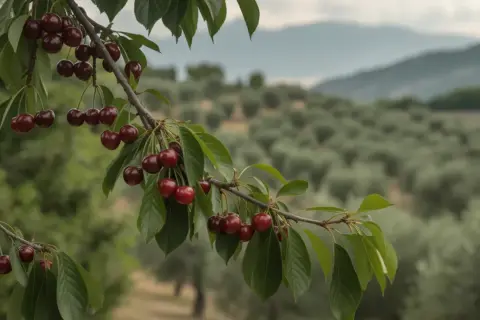 Grappoli di visciole frutto pendono da un ramo, con un uliveto sfocato sullo sfondo.
