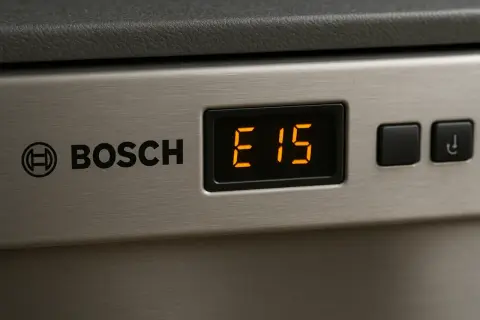 Wyświetlacz zmywarki Bosch z kodem błędu E15.