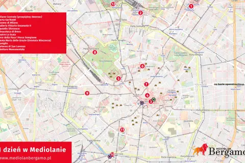 Mapa Mediolanu z zaznaczonymi atrakcjami: Duomo, Galleria Vittorio Emanuele II, Castello Sforzesco, Parco Sempione. Planuj zwiedzanie!
