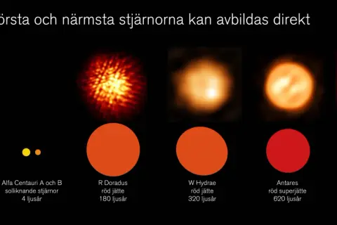 Jämförelse av stjärnor och dvärgplaneten Pluto. Vår egen sol är en medelstor stjärna, mindre än de flesta röda jättar och superjättar som visas.