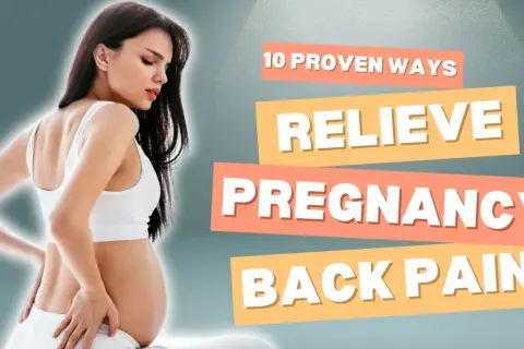 Pregnant woman holding her back in pain, with text "10 Proven Ways to Relieve Pregnancy Back Pain.
