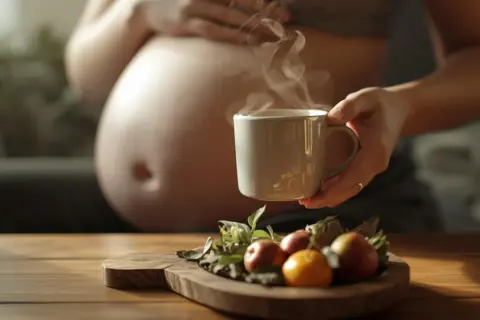 Ciepła herbata w ciąży, parująca z kubka, obok owoców na desce. Chwila spokoju dla przyszłej mamy.