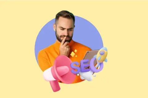 Hombre pensativo con megáfono, cohete y letras "SEO" flotando. Estrategia de seo digital marketing.
