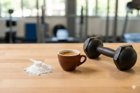 Creatina e caffè: la combinazione perfetta per un allenamento esplosivo. Un manubrio, una tazzina di espresso e una dose di creatina in polvere su un tavolo di legno.