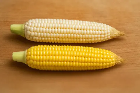 Två majskolvar, en vit och en gul, ligger på en träyta. Perfekt för ett somrigt majs recept.