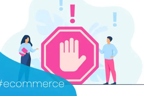 Ludzie przy znaku stop, ostrzegający przed problemami w e-commerce.