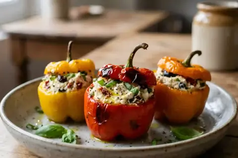 Poivrons farcis de ricotta, tomates séchées et olives, garnis de basilic frais. Un délice coloré et savoureux.