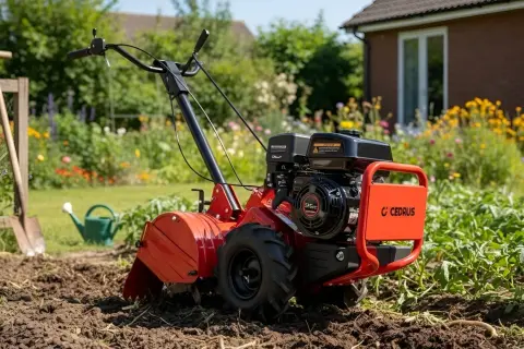 Czerwony rekultywator Cedrus gotowy do pracy na grządce, w tle kwitnący ogród i dom.