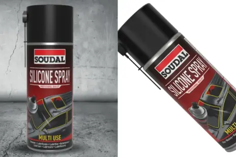 Smar silikonowy Soudal w sprayu, wielozastosowaniowy, idealny do konserwacji i ochrony.