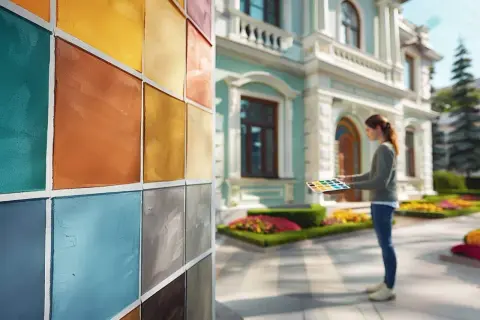 Échantillons de couleurs de façade devant une maison, une femme tient une palette de couleurs.