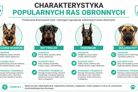 Owczarek niemiecki, Rottweiler, Doberman i Bullmastiff – porównanie cech psów obronnych, gdy pies jest dorosły.
