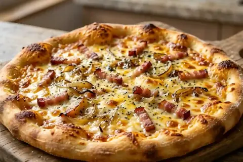 Une délicieuse pizza carbonara, garnie de lardons croustillants, d'oignons caramélisés et de fromage fondant, sur une planche en bois.