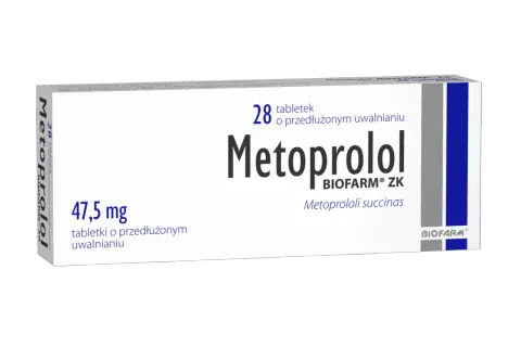 Opakowanie leku Metocard zawierające 28 tabletek o przedłużonym uwalnianiu, dawka 47,5 mg.
