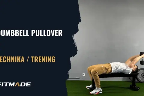 Mężczyzna wykonuje ćwiczenie **dumbbell pullover** na ławce, trzymając ciężarek nad głową.