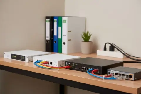 Kilka switchy sieciowych na biurku, podłączonych kablami Ethernet. Pokazuje, jak działa switch do internetu, łącząc urządzenia.