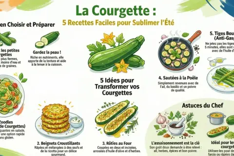 Infographie sur la courgette : 5 idées recette pour la sublimer. Zoodles, beignets, rôties, sautées, tiges bouillies. Astuces pour choisir et préparer.