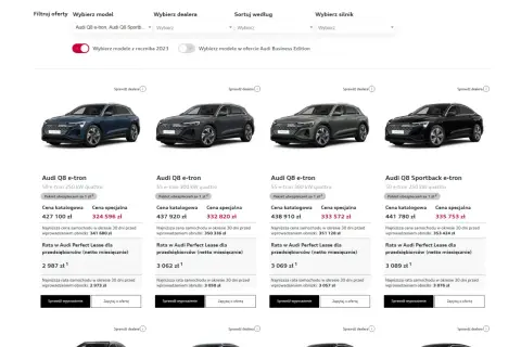 Audi Q8 e-tron i Sportback e-tron w różnych wersjach silnikowych. Sprawdź aktualną audi q8 cena i raty leasingowe.