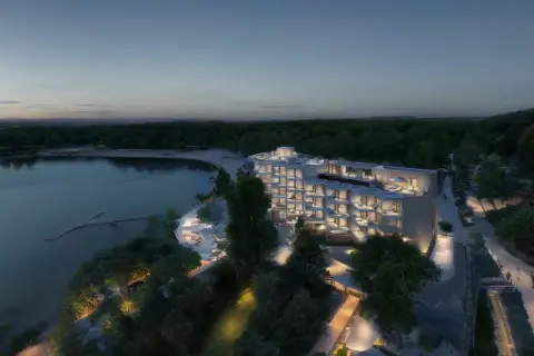 Nowoczesny hotel nad jeziorem, z tarasami i oświetloną ścieżką. Nysa trasa zaprasza do relaksu.
