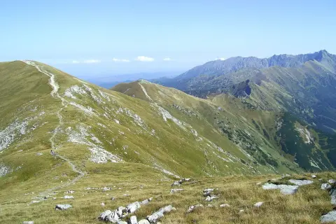 Widok na pasmo górskie z zielonymi zboczami i kamienistym szlakiem. W oddali widać kolejne, niebieskawe szczyty. To piękne Czerwone Wierchy.
