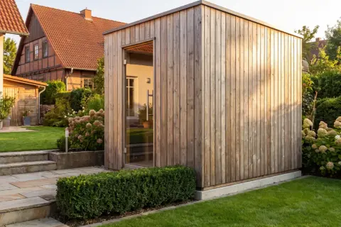 Moderne Gartensauna aus Holz mit Glasfront, perfekt für ein entspanntes "gartensauna selber bauen" Projekt im Grünen.