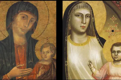 Two Madonnas with child, painted in the style of modern Renaissance art, with gold halos and intricate patterns.