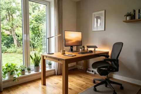 Bureau lumineux avec bureau en bois, plante verte, lampe et écran. L'ensemble respecte la norme éclairage bureau pour un confort visuel optimal.