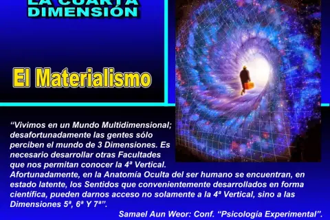 Un hombre con maleta camina hacia un túnel cósmico, explorando la cuarta dimensión y el materialismo.