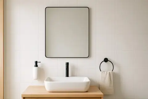 Salle de bain moderne avec lavabo rectangulaire, robinetterie noire et miroir au cadre fin. La hauteur du miroir salle de bain est idéale pour un usage quotidien.