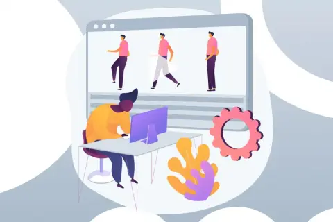 Tworzenie animacji do **explainer video**. Mężczyzna pracuje przy komputerze, tworząc ruchome postacie na ekranie.